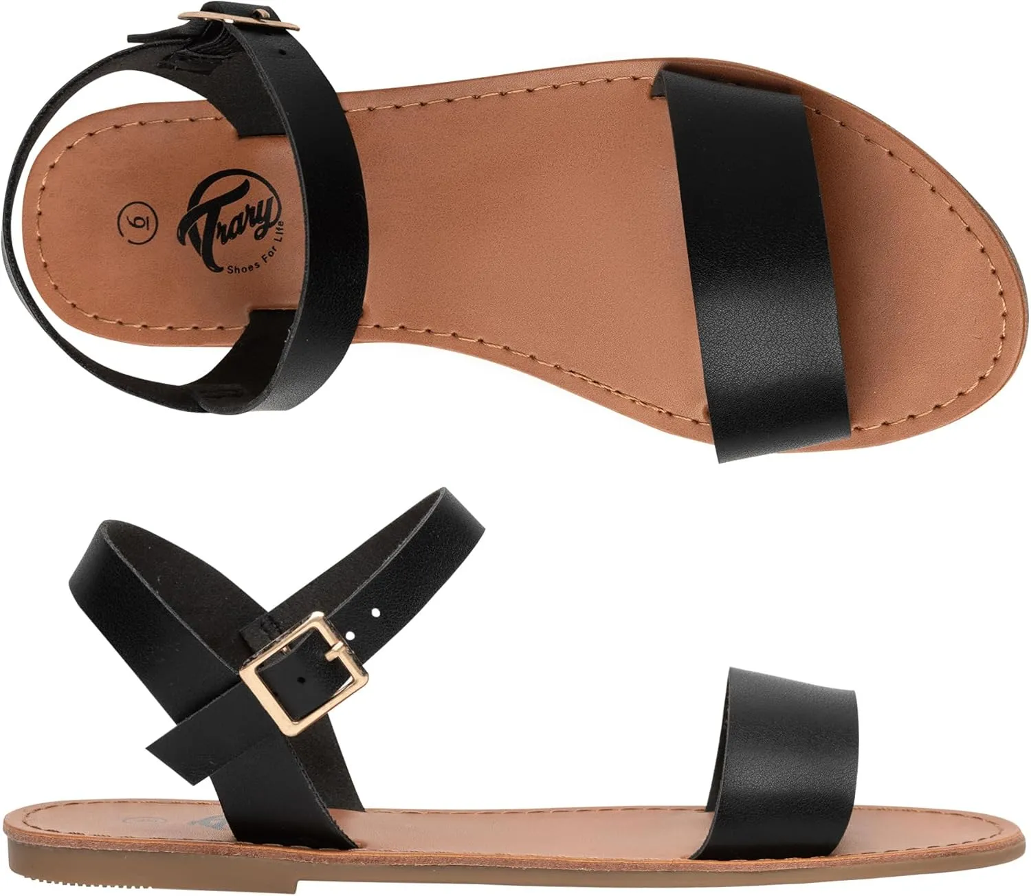 Trary Women's Dressy Summer Leather Flat Ankle Strap Gladiator Open Toe One Band Two Tone Adjustable Metal Buckle Comfortable Wedding Sandals