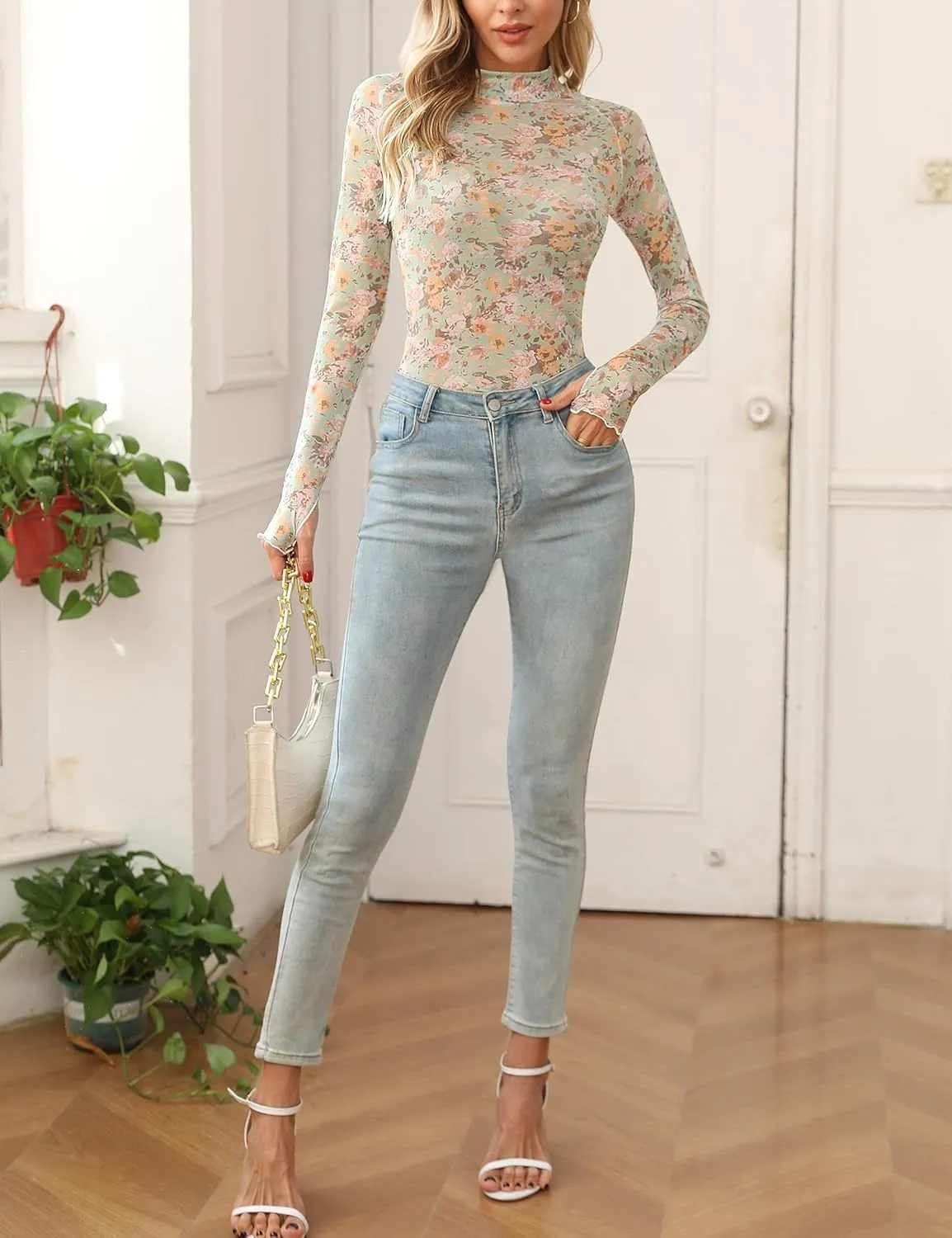 Ugerlov Womens Lace Long Sleeve Mesh Top Floral Mock Neck See Through Going Out Top with Thumb Hole Party Outfits Shirts