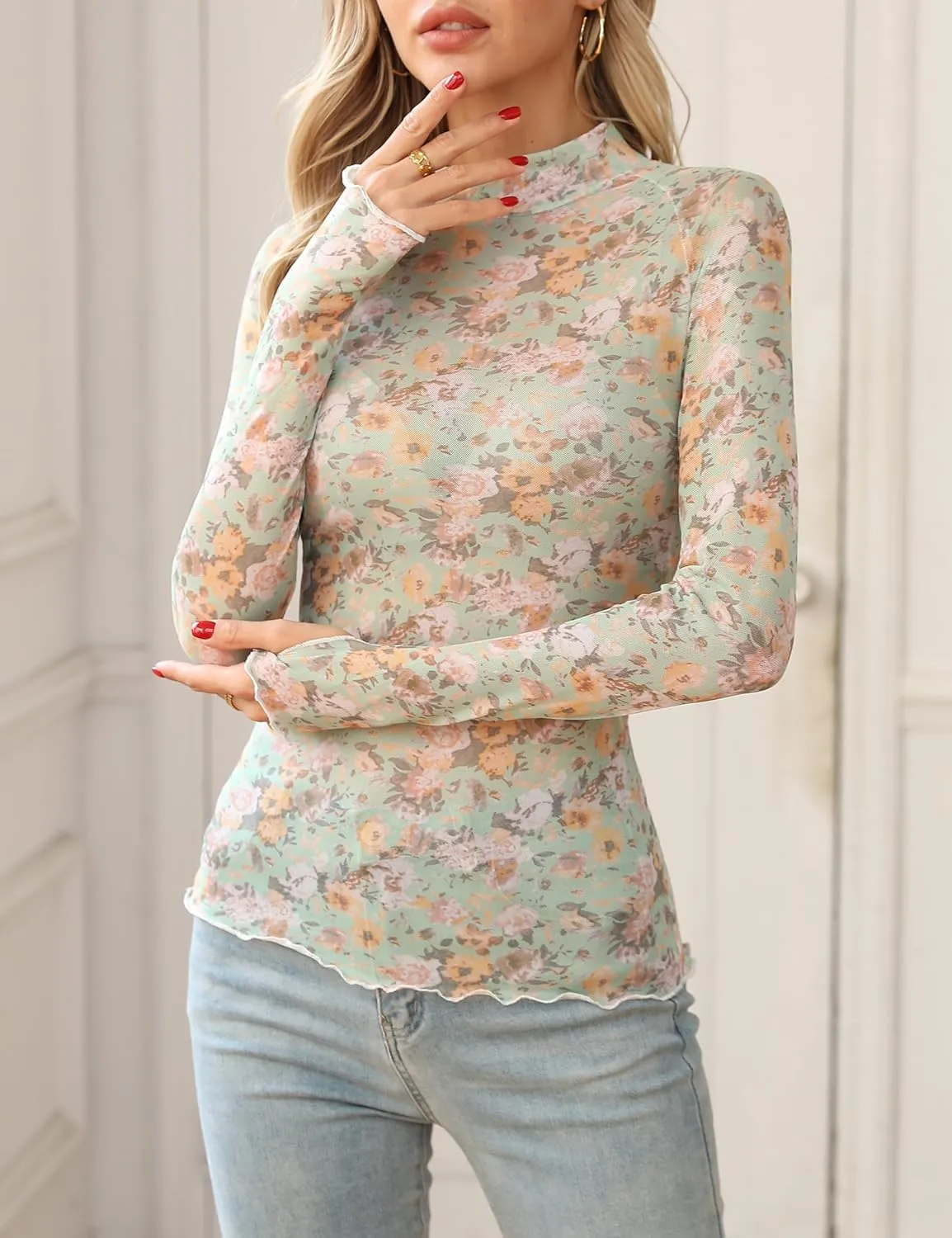 Ugerlov Womens Lace Long Sleeve Mesh Top Floral Mock Neck See Through Going Out Top with Thumb Hole Party Outfits Shirts