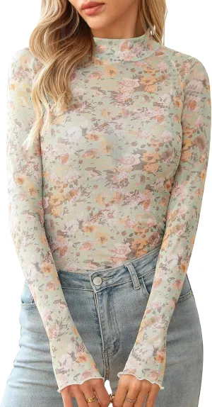 Ugerlov Womens Lace Long Sleeve Mesh Top Floral Mock Neck See Through Going Out Top with Thumb Hole Party Outfits Shirts