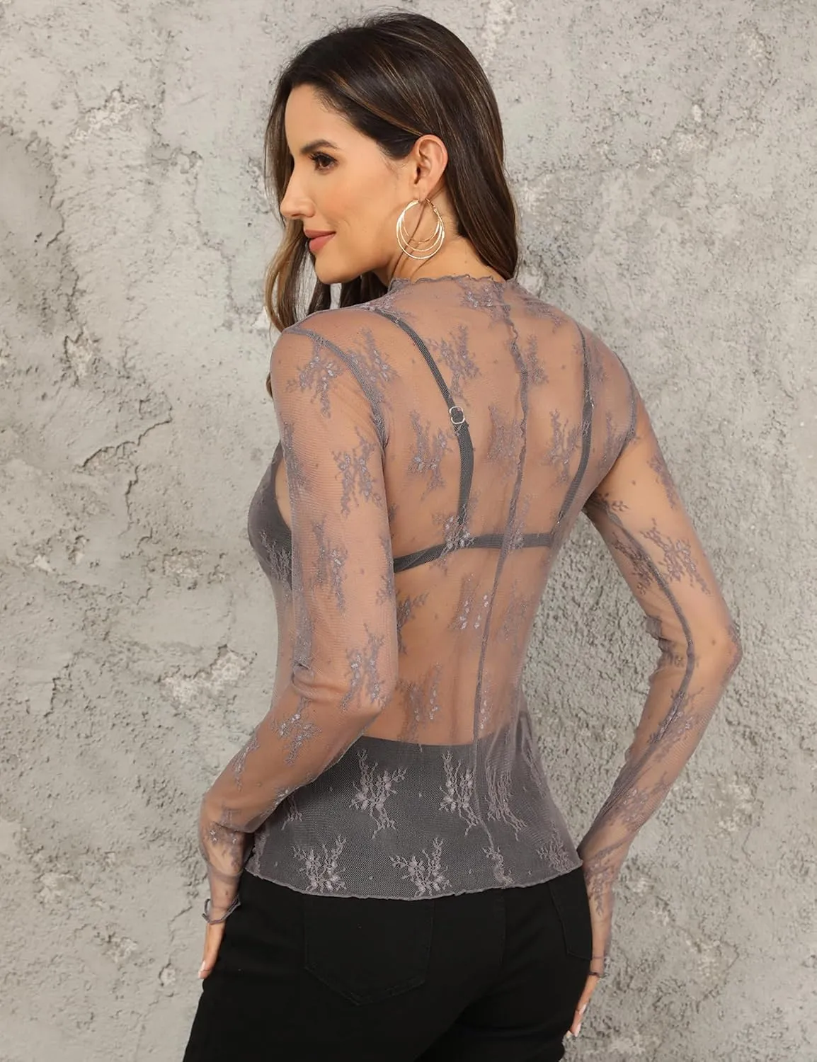 Ugerlov Women's Long Sleeve Mesh Top Mock Neck Sheer Blouse See Through Floral Lace Tops
