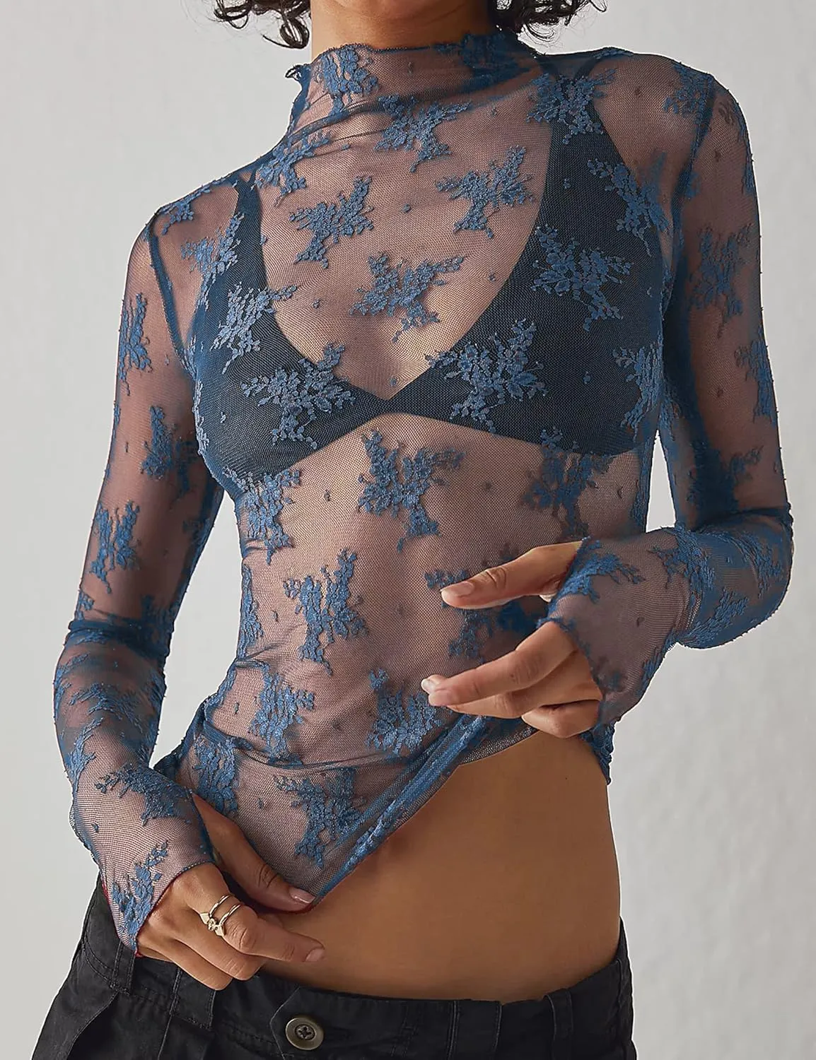 Ugerlov Women's Long Sleeve Mesh Top Mock Neck Sheer Blouse See Through Floral Lace Tops