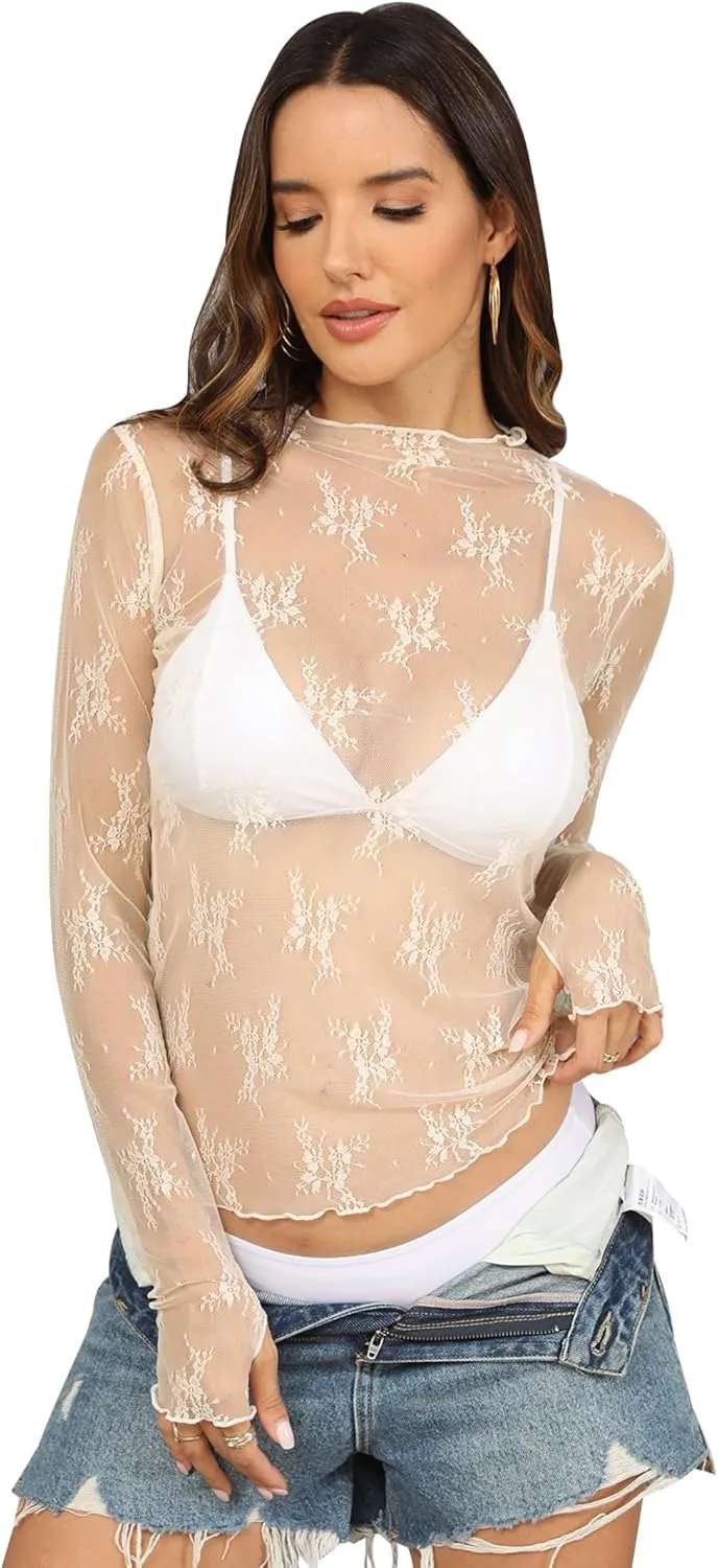 Ugerlov Women's Long Sleeve Mesh Top Mock Neck Sheer Blouse See Through Floral Lace Tops