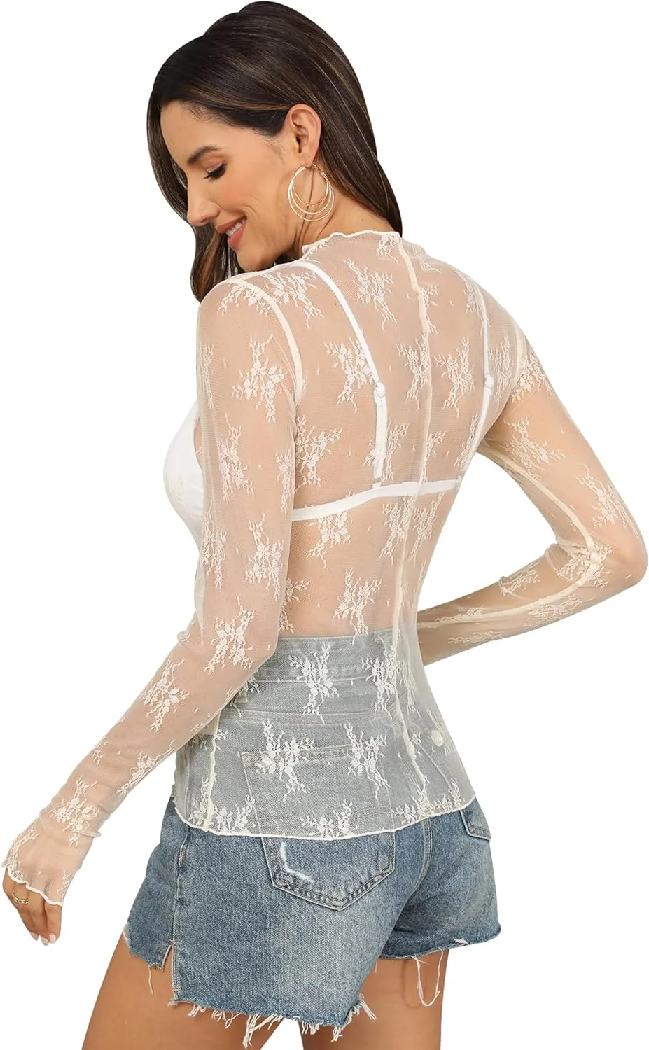 Ugerlov Women's Long Sleeve Mesh Top Mock Neck Sheer Blouse See Through Floral Lace Tops