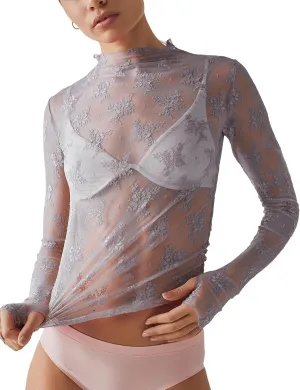 Ugerlov Women's Long Sleeve Mesh Top Mock Neck Sheer Blouse See Through Floral Lace Tops