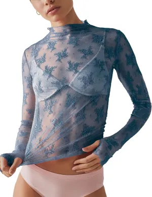 Ugerlov Women's Long Sleeve Mesh Top Mock Neck Sheer Blouse See Through Floral Lace Tops