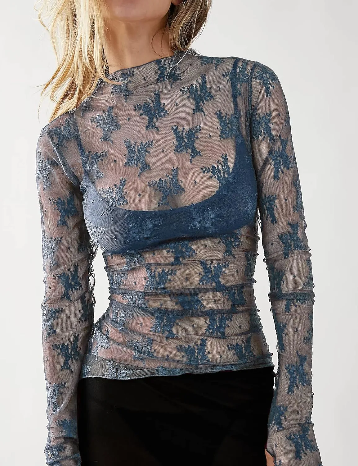 Ugerlov Women's Long Sleeve Mesh Top Mock Neck Sheer Blouse See Through Floral Lace Tops