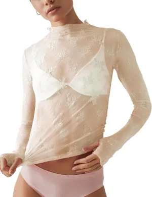 Ugerlov Women's Long Sleeve Mesh Top Mock Neck Sheer Blouse See Through Floral Lace Tops