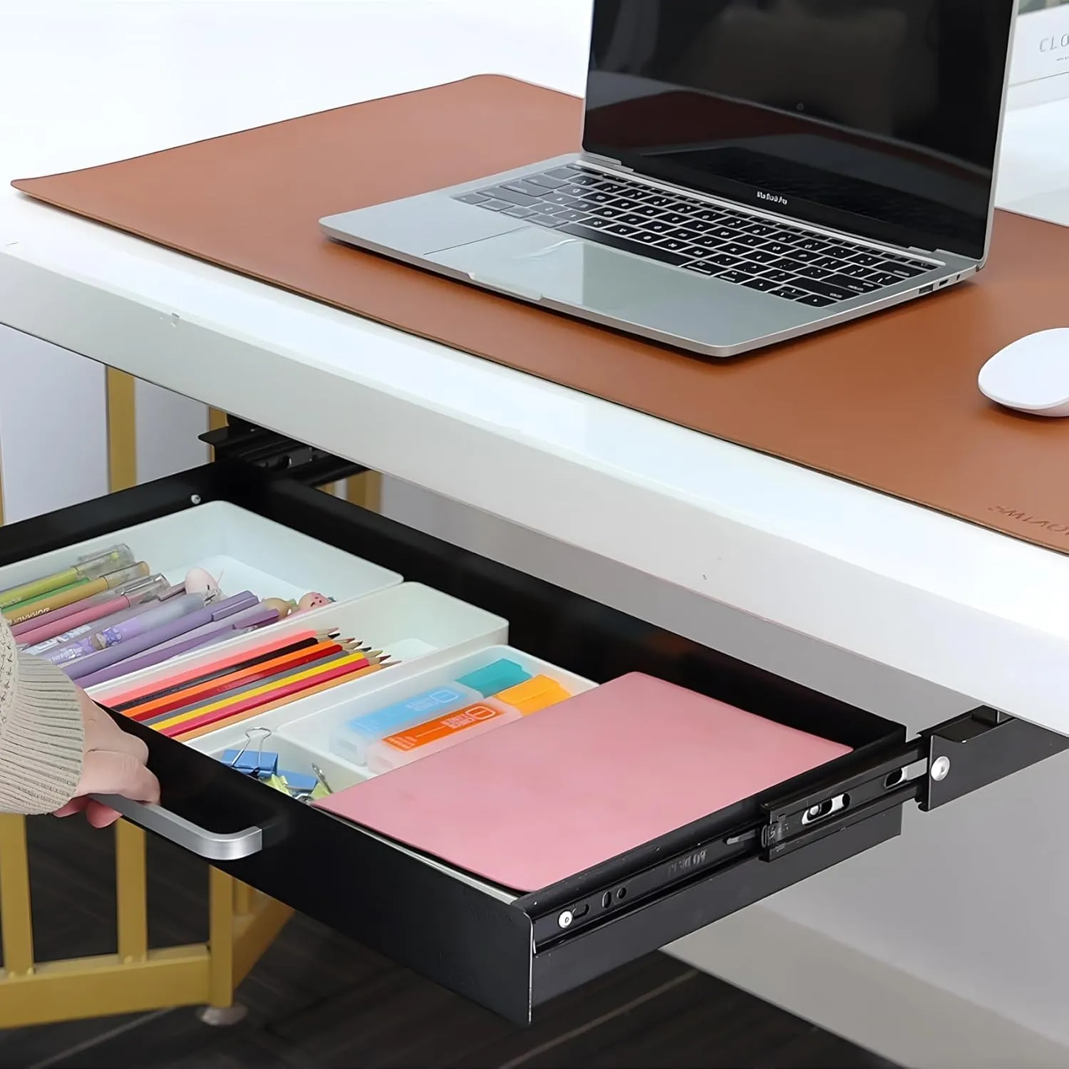 Under Desk Drawer Black 21" with 4 Divider Trays, Under Shelf Pencil Drawer Pull-out, Standing Desk Metal Storage Attachment Slide Out for Workbench