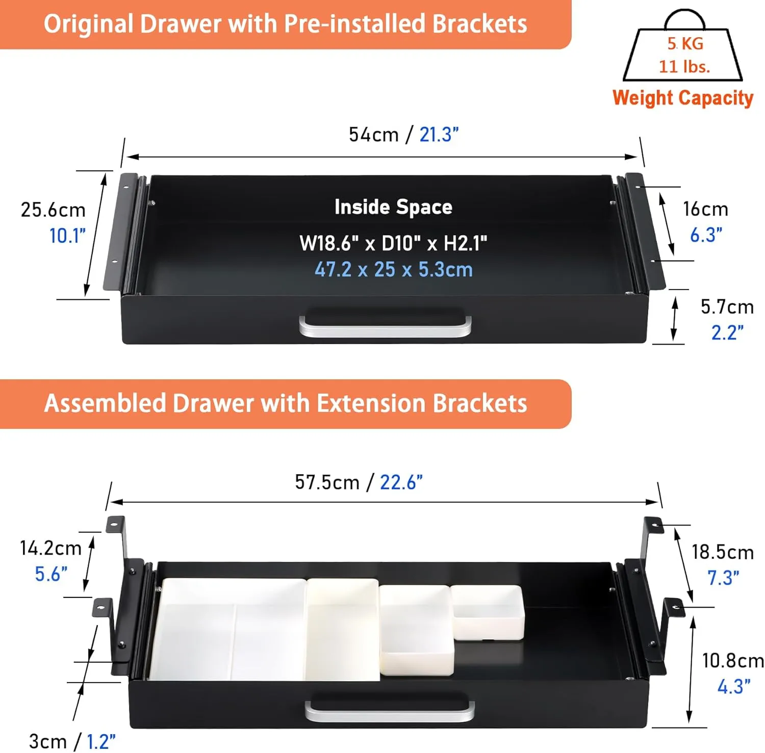 Under Desk Drawer Black 21" with 4 Divider Trays, Under Shelf Pencil Drawer Pull-out, Standing Desk Metal Storage Attachment Slide Out for Workbench