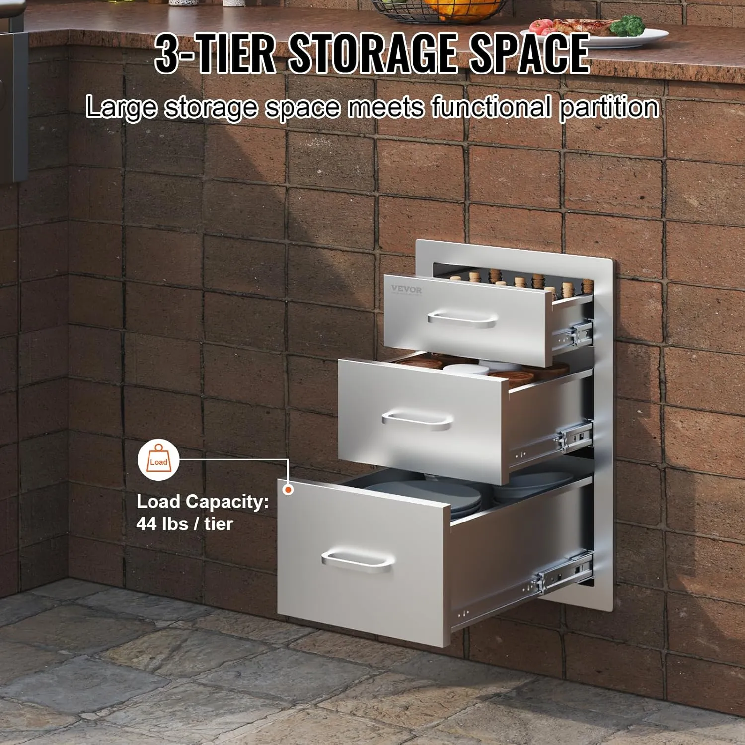 VEVOR 14x20.3 Inch Outdoor Kitchen Drawers Stainless Steel, Flush Mount Triple Drawers, 14W x 20.3H x 23D Inch, with Stainless Steel Handle, BBQ Drawers for Outdoor Kitchens or BBQ Island