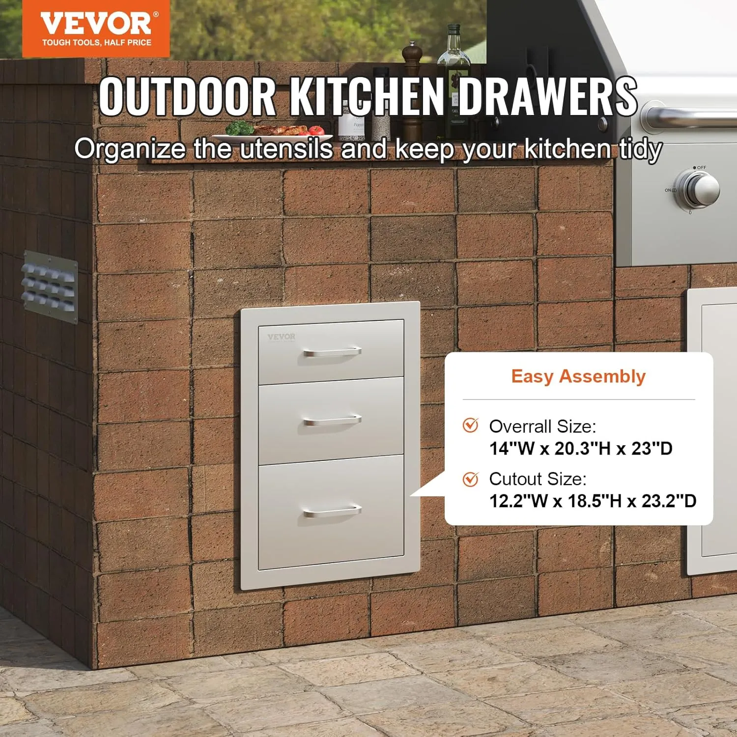 VEVOR 14x20.3 Inch Outdoor Kitchen Drawers Stainless Steel, Flush Mount Triple Drawers, 14W x 20.3H x 23D Inch, with Stainless Steel Handle, BBQ Drawers for Outdoor Kitchens or BBQ Island