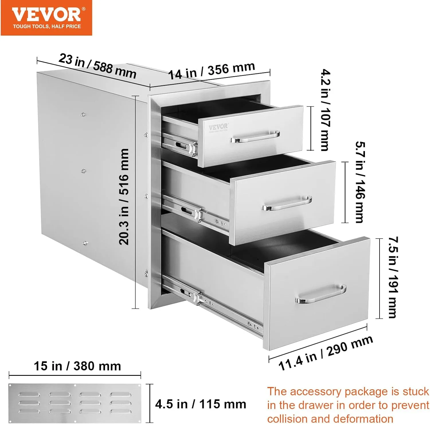 VEVOR 14x20.3 Inch Outdoor Kitchen Drawers Stainless Steel, Flush Mount Triple Drawers, 14W x 20.3H x 23D Inch, with Stainless Steel Handle, BBQ Drawers for Outdoor Kitchens or BBQ Island