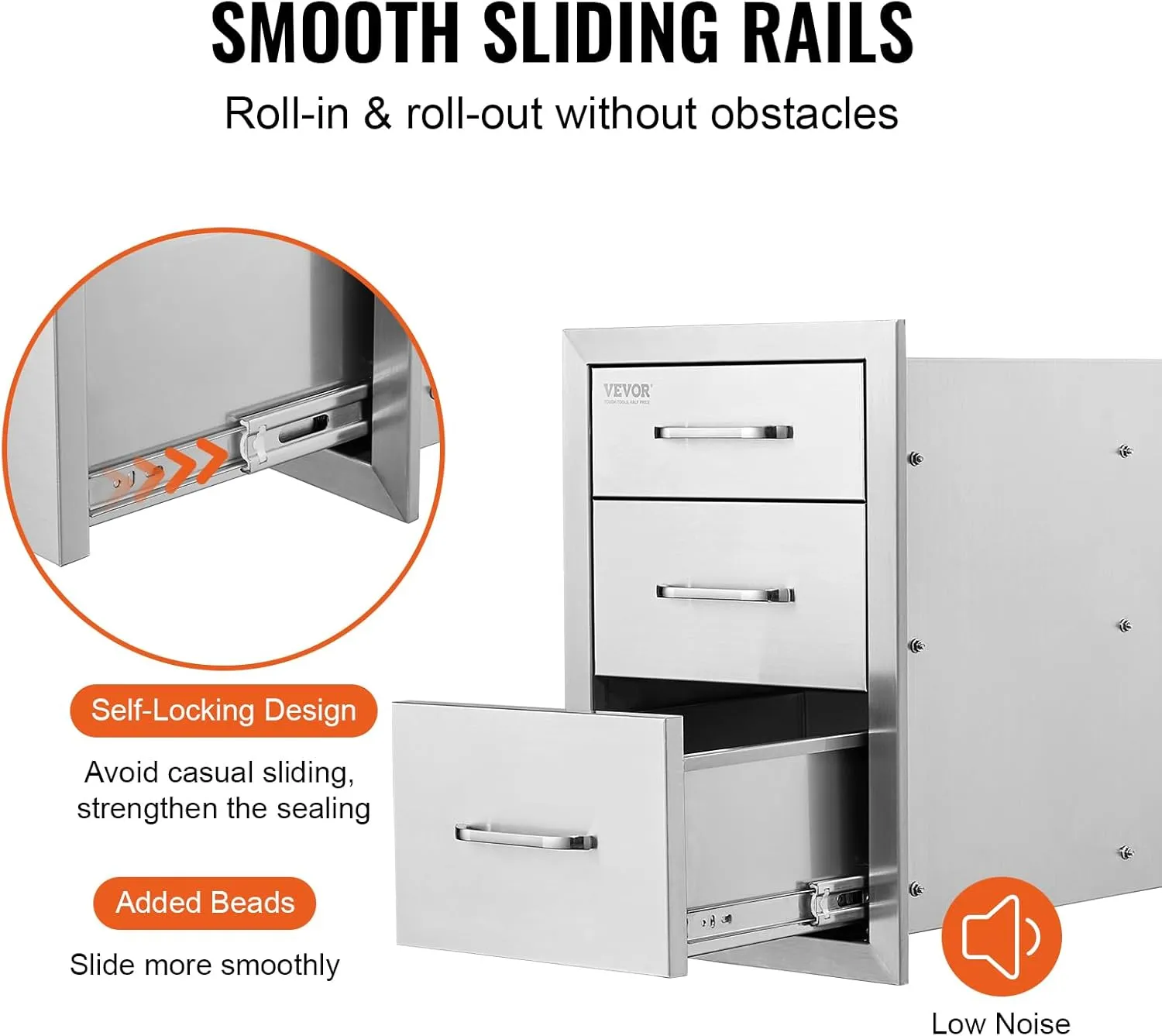 VEVOR 14x20.3 Inch Outdoor Kitchen Drawers Stainless Steel, Flush Mount Triple Drawers, 14W x 20.3H x 23D Inch, with Stainless Steel Handle, BBQ Drawers for Outdoor Kitchens or BBQ Island