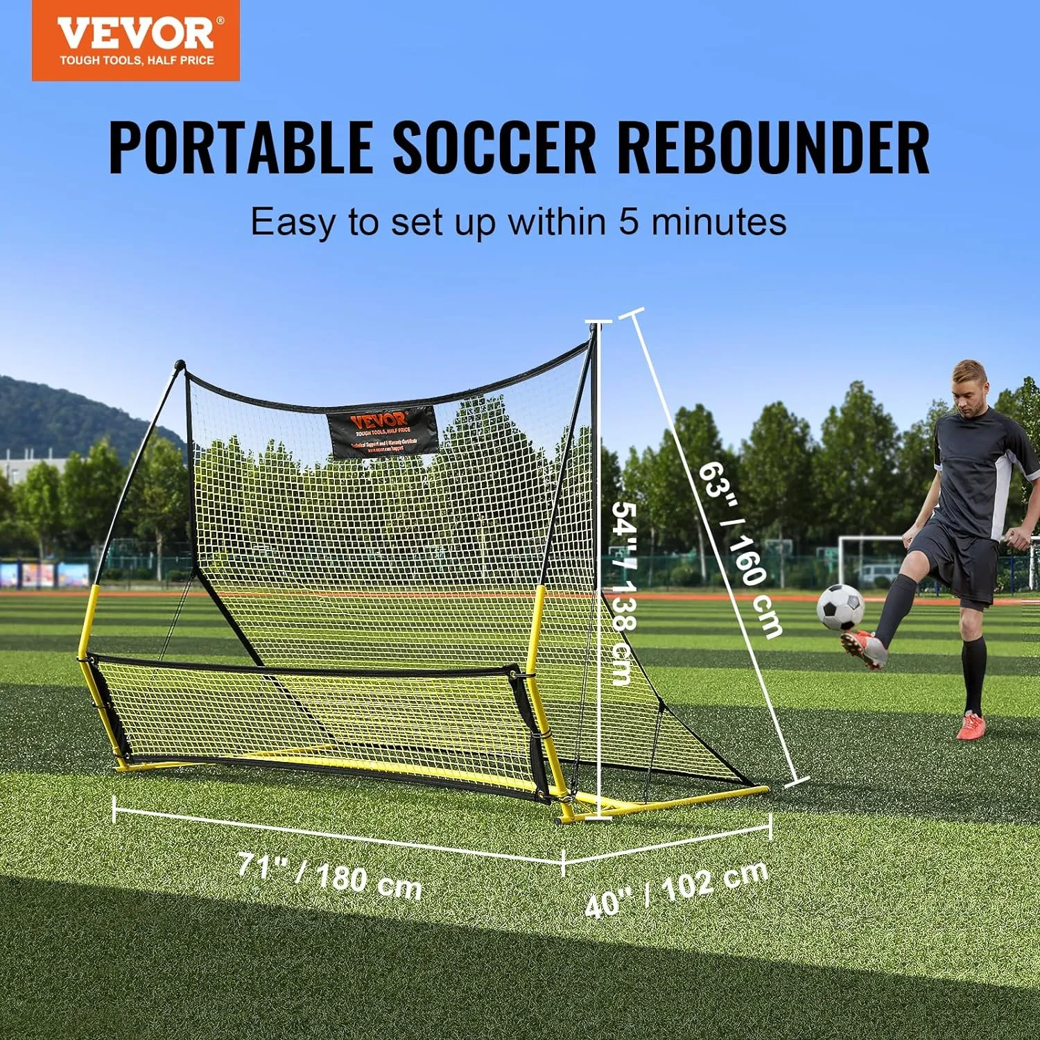 VEVOR Soccer Trainer，Portable Soccer Rebounder Net, Iron Soccer Practice Equipment, Sports Football Rebounder Wall with Portable Bag, Perfect for Team Solo Training, Passing, Volley