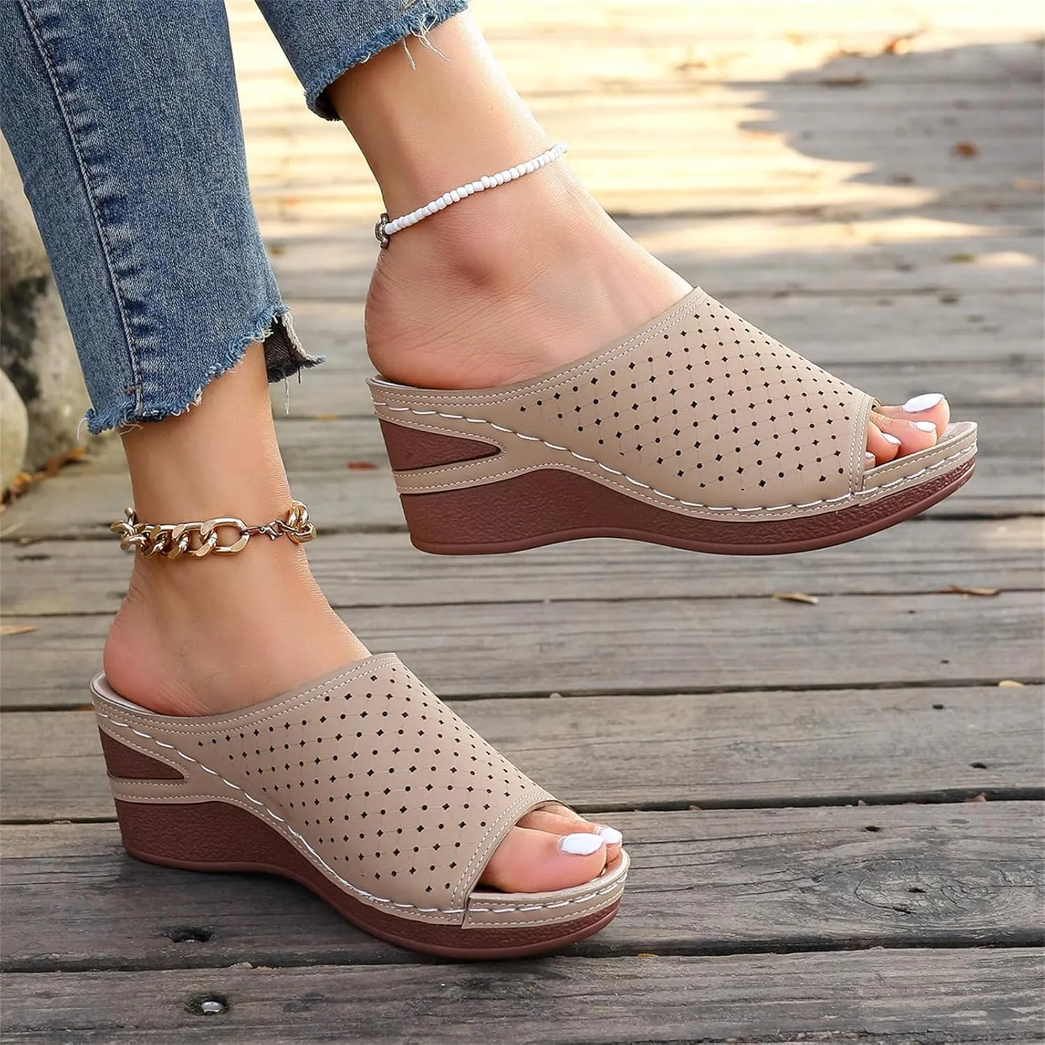 Wedge Sandals for Women Hollow Platform Shoes Slip On Walking Sandals Arch Support Wedge Slide Comfortable Open Toe Wedges Sport Slippers for Women Indoor and Outdoor Casual Breathable Shoes