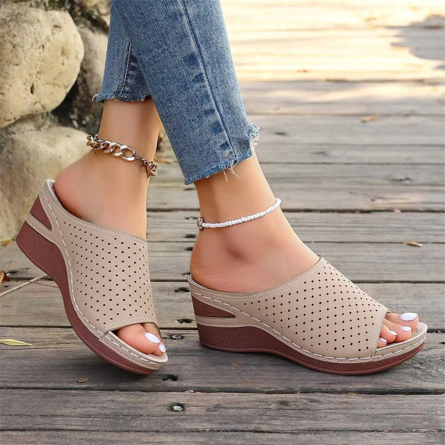 Wedge Sandals for Women Hollow Platform Shoes Slip On Walking Sandals Arch Support Wedge Slide Comfortable Open Toe Wedges Sport Slippers for Women Indoor and Outdoor Casual Breathable Shoes