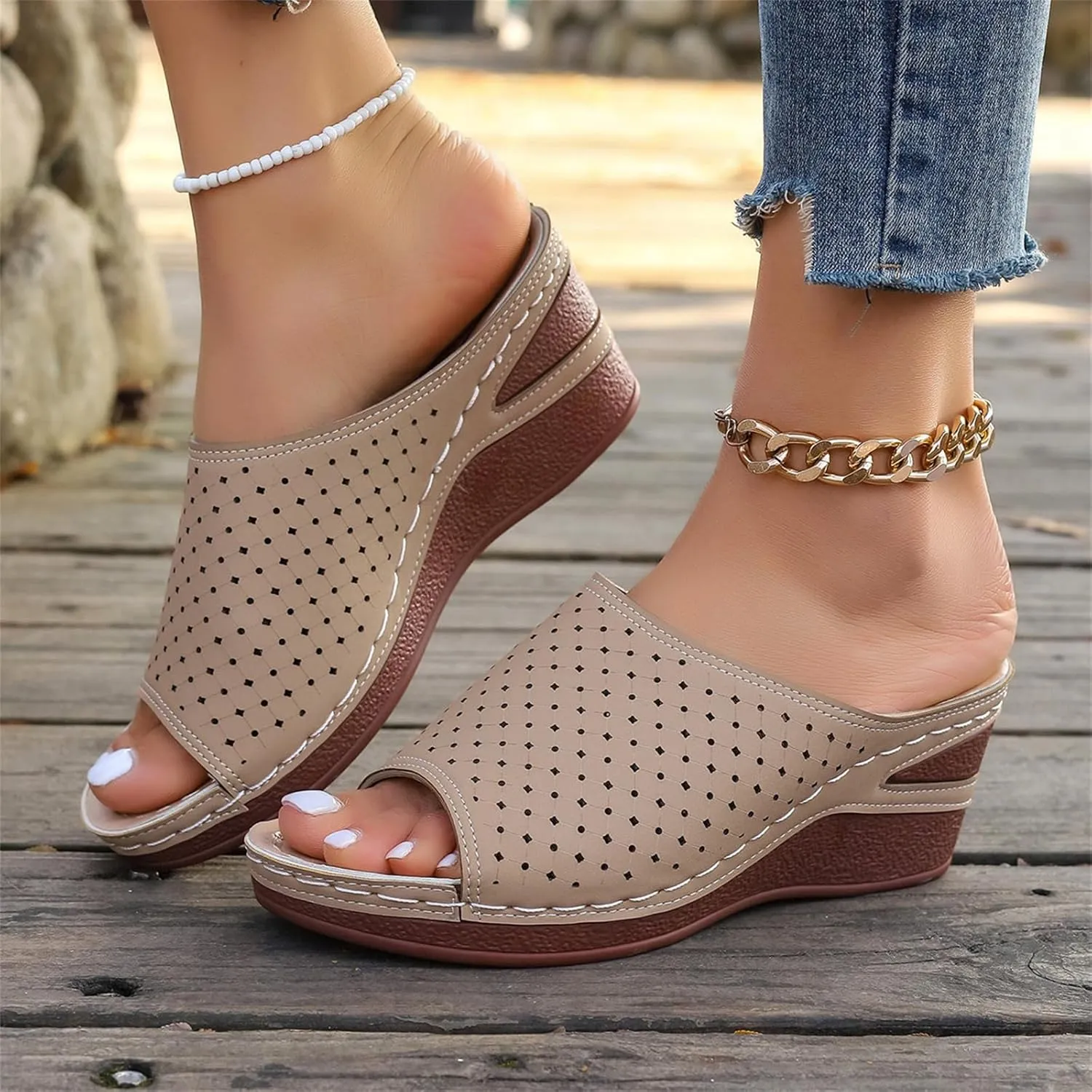 Wedge Sandals for Women Hollow Platform Shoes Slip On Walking Sandals Arch Support Wedge Slide Comfortable Open Toe Wedges Sport Slippers for Women Indoor and Outdoor Casual Breathable Shoes