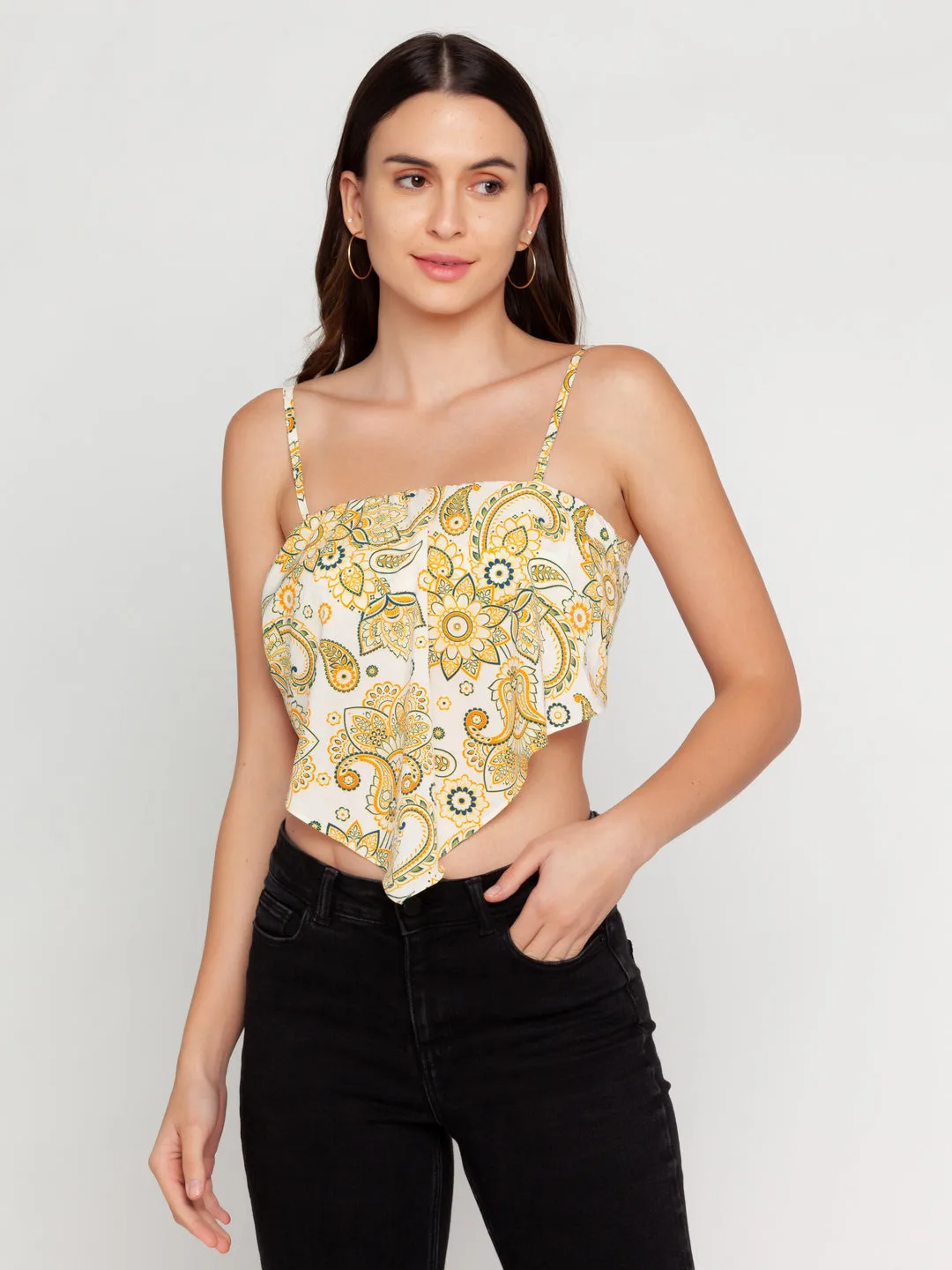 White Ornamental Printed Strappy Top