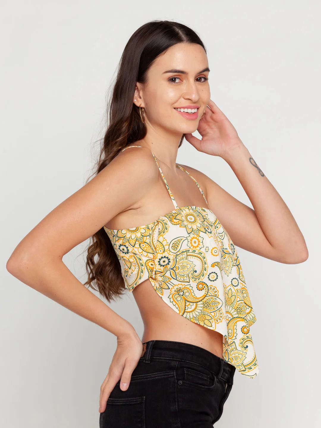 White Ornamental Printed Strappy Top