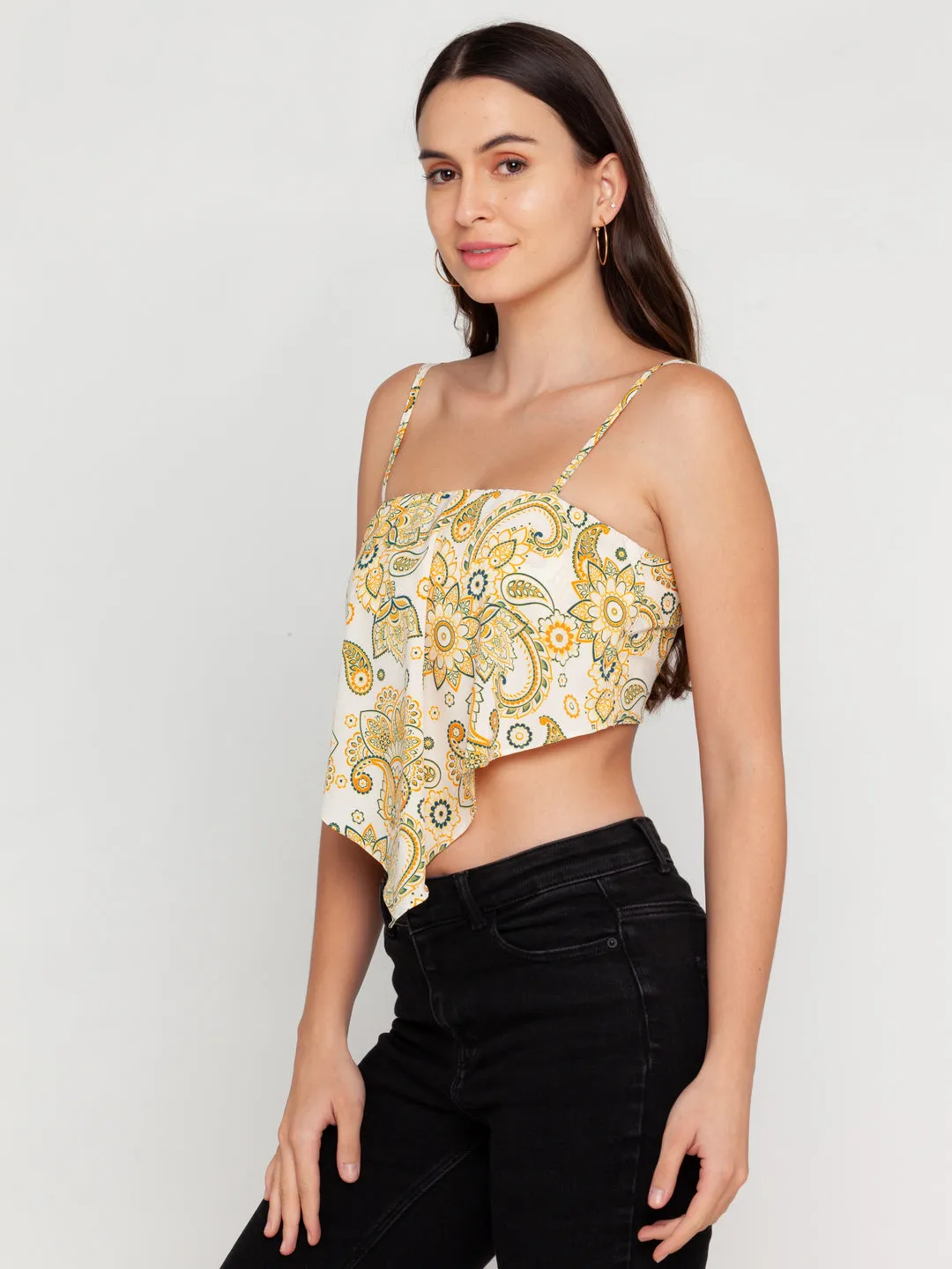 White Ornamental Printed Strappy Top