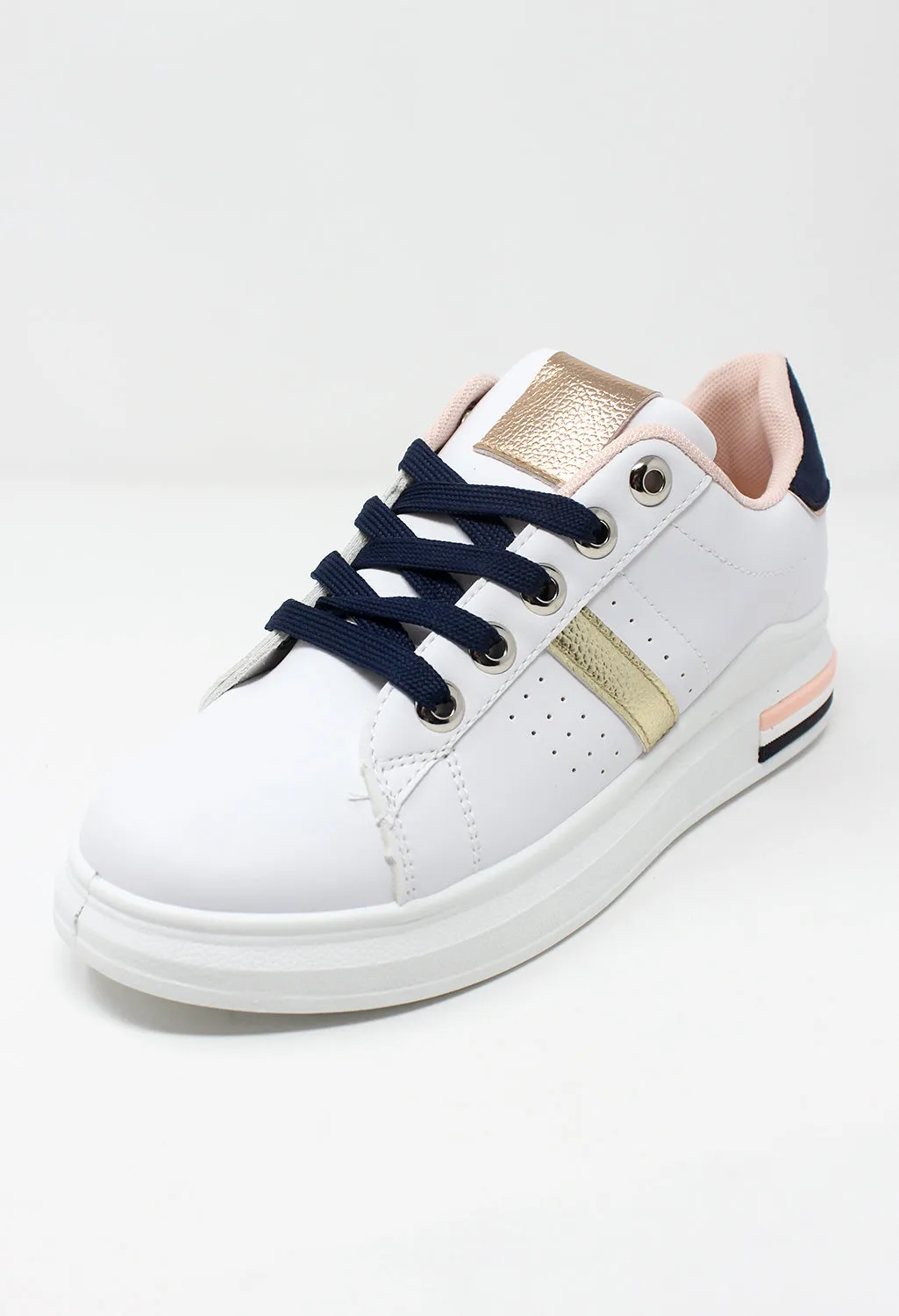 White/Navy laced Trainer