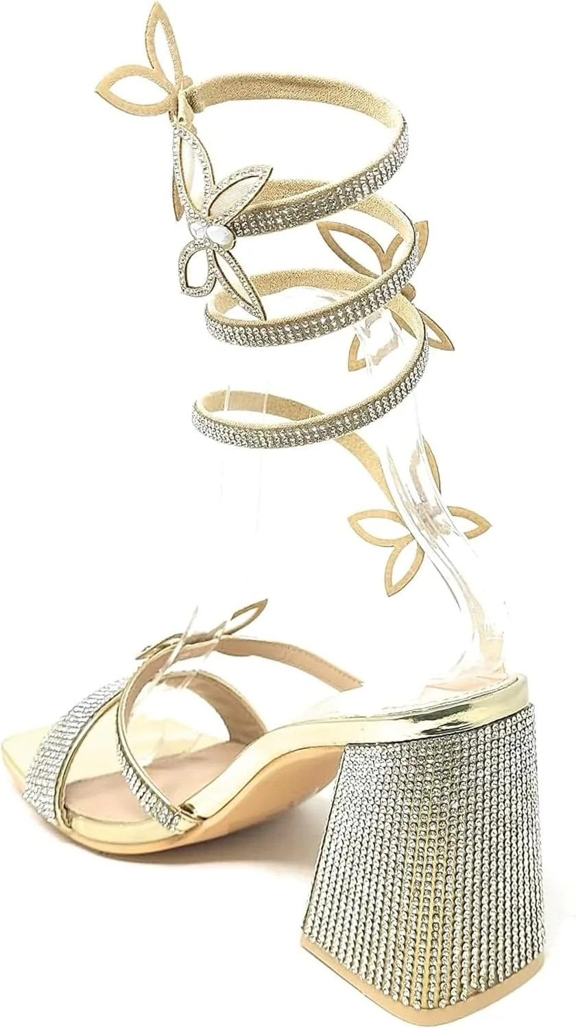 Wild Diva Women Butterfly Rhinestone Spiral Ankle Strap Square Toe Low Block Heels