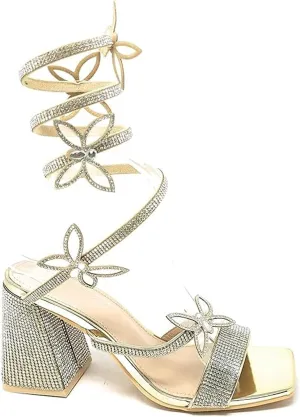 Wild Diva Women Butterfly Rhinestone Spiral Ankle Strap Square Toe Low Block Heels
