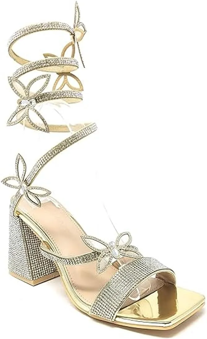 Wild Diva Women Butterfly Rhinestone Spiral Ankle Strap Square Toe Low Block Heels