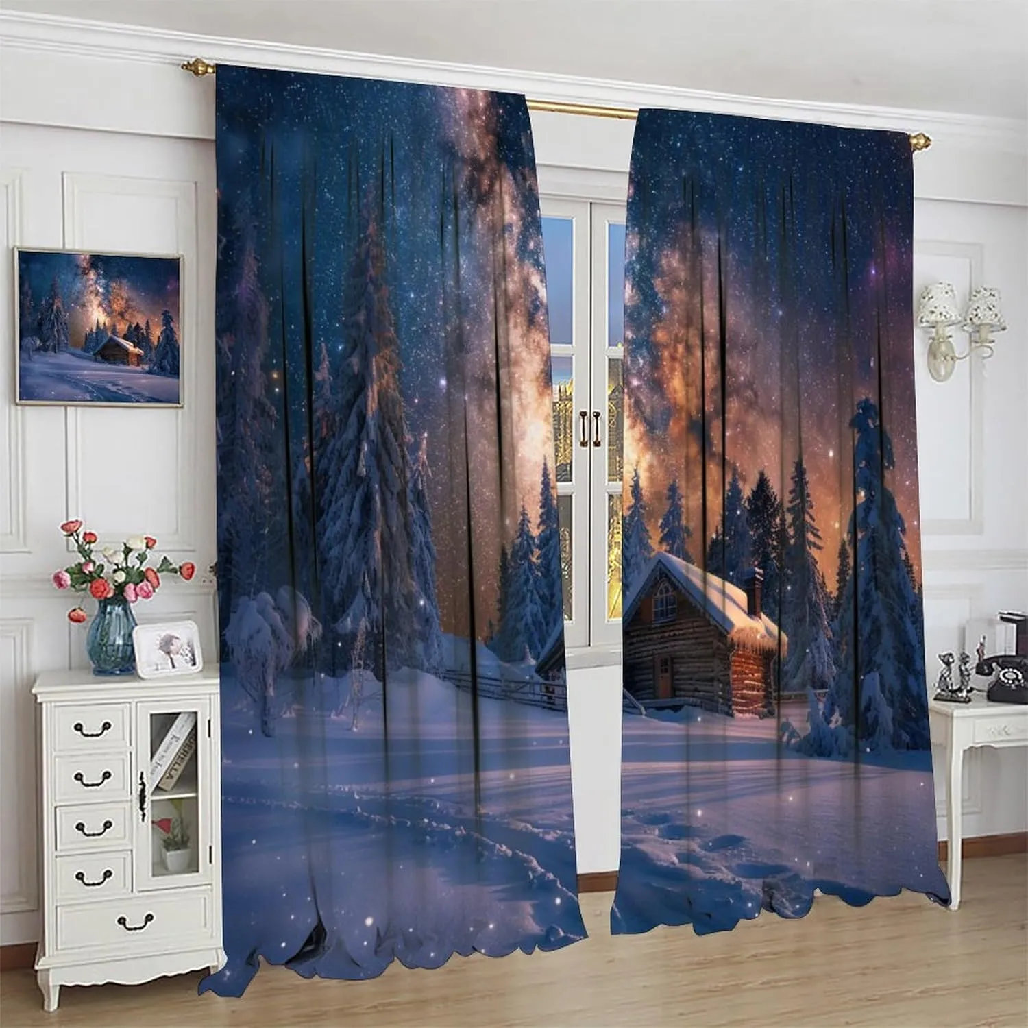Winter Cabin Jungle Blackout Curtains for Bedroom/Living Room, Fantasy Galaxy Starry Scenery Thermal Insulated Curtains Rod Pocket Window Drapes, 2 Panels/Each 27.5" W x 63" L
