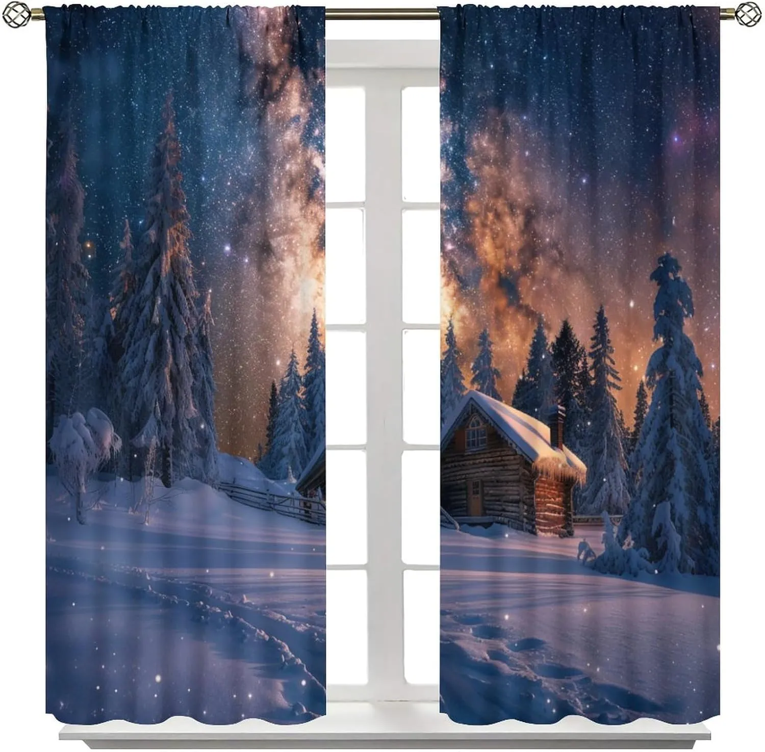 Winter Cabin Jungle Blackout Curtains for Bedroom/Living Room, Fantasy Galaxy Starry Scenery Thermal Insulated Curtains Rod Pocket Window Drapes, 2 Panels/Each 27.5" W x 63" L