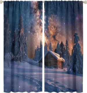 Winter Cabin Jungle Blackout Curtains for Bedroom/Living Room, Fantasy Galaxy Starry Scenery Thermal Insulated Curtains Rod Pocket Window Drapes, 2 Panels/Each 27.5" W x 63" L