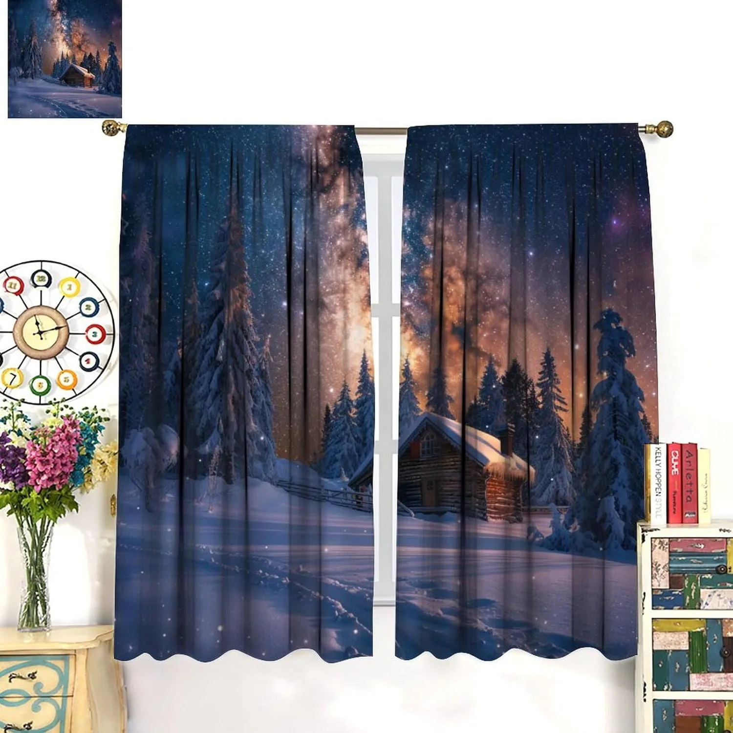 Winter Cabin Jungle Blackout Curtains for Bedroom/Living Room, Fantasy Galaxy Starry Scenery Thermal Insulated Curtains Rod Pocket Window Drapes, 2 Panels/Each 27.5" W x 63" L
