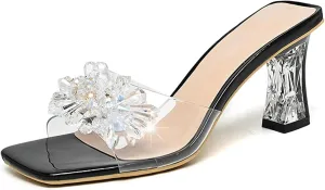 Women Rhinestones Clear Chunky High Heeled Mule Sandals Sparkly Crystal Flower Backless Slip-ons Slippers Bride Dress Open Square Toe Pumps