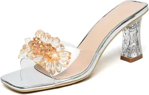 Women Rhinestones Clear Chunky High Heeled Mule Sandals Sparkly Crystal Flower Backless Slip-ons Slippers Bride Dress Open Square Toe Pumps