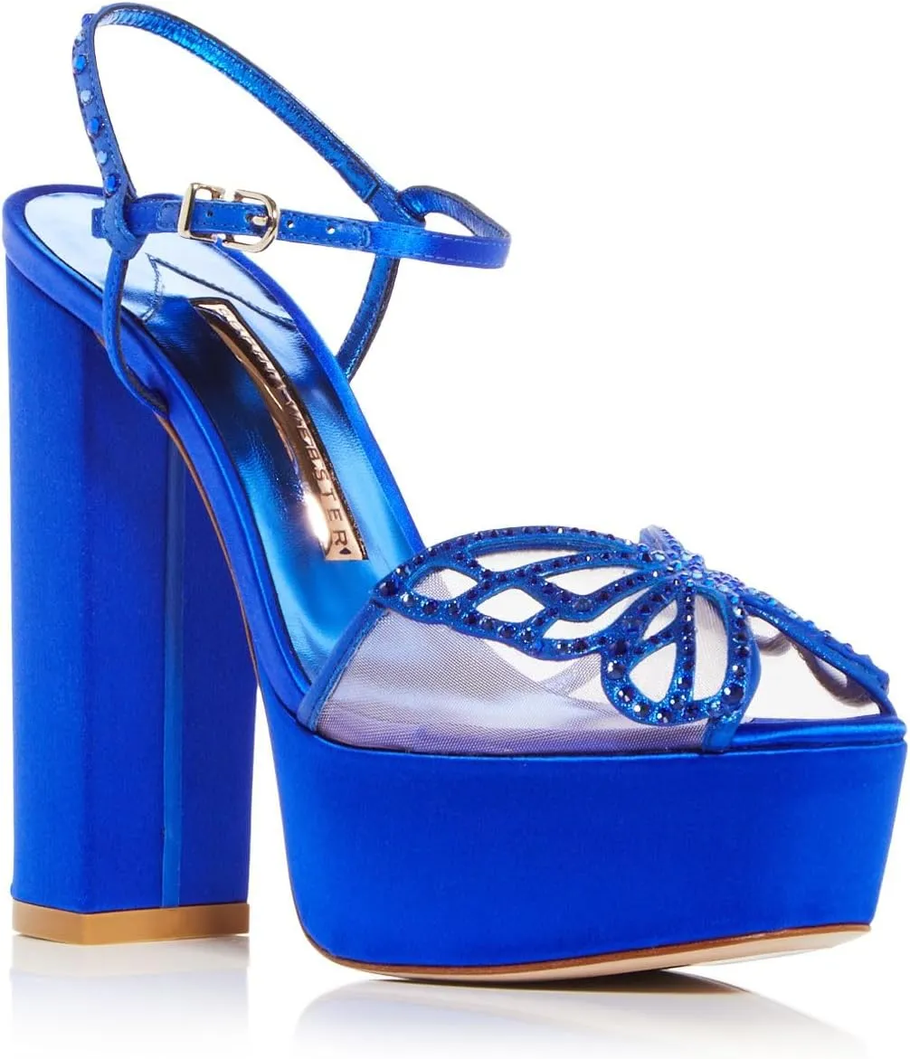 Womens Blue Mixed Media 2" Platform Embellished Butterfly Accent Ankle Strap Padded Farfalla Open Toe Block Heel Buckle Leather Heeled Sandal 38