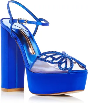 Womens Blue Mixed Media 2" Platform Embellished Butterfly Accent Ankle Strap Padded Farfalla Open Toe Block Heel Buckle Leather Heeled Sandal 38