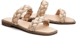 Women's Braided Two Strap Slide Dressy Square Toe Sandal