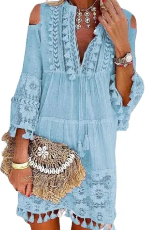 Women's Cold Shoulder Boho Dress Floral Embroidery Lace V-Neck 3/4 Sleeve Summer Loose Beach Sundress