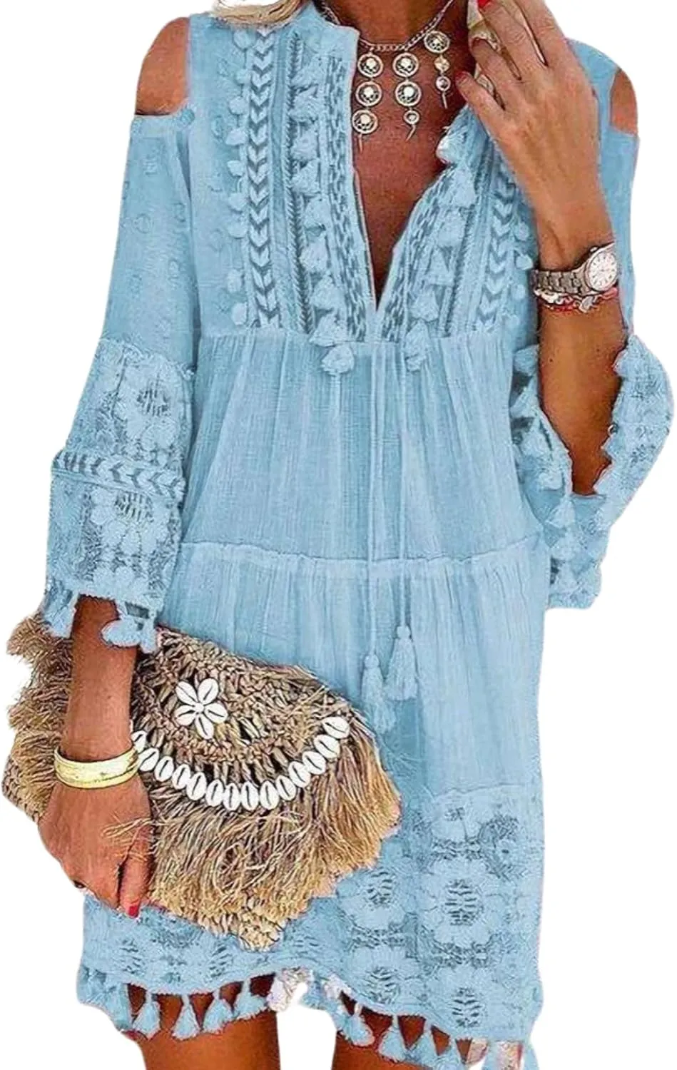 Women's Cold Shoulder Boho Dress Floral Embroidery Lace V-Neck 3/4 Sleeve Summer Loose Beach Sundress