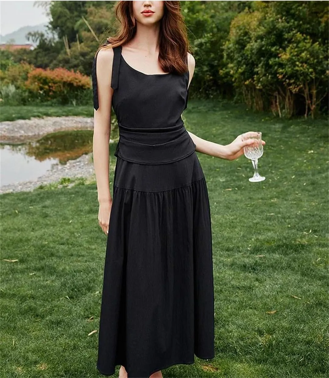 Women's French Style Elegant Casual Long Dress Unique Design Slim Strappy Long Dress