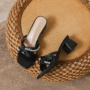 Women's Pearl Bow Square Open Toe Mid Chunky Heel Walking Slide Sandals Slip On Fashion Elegant Comfort Low Block Heel Mule Sandals Wedding Party DressHeel Backless Sandal Shoes