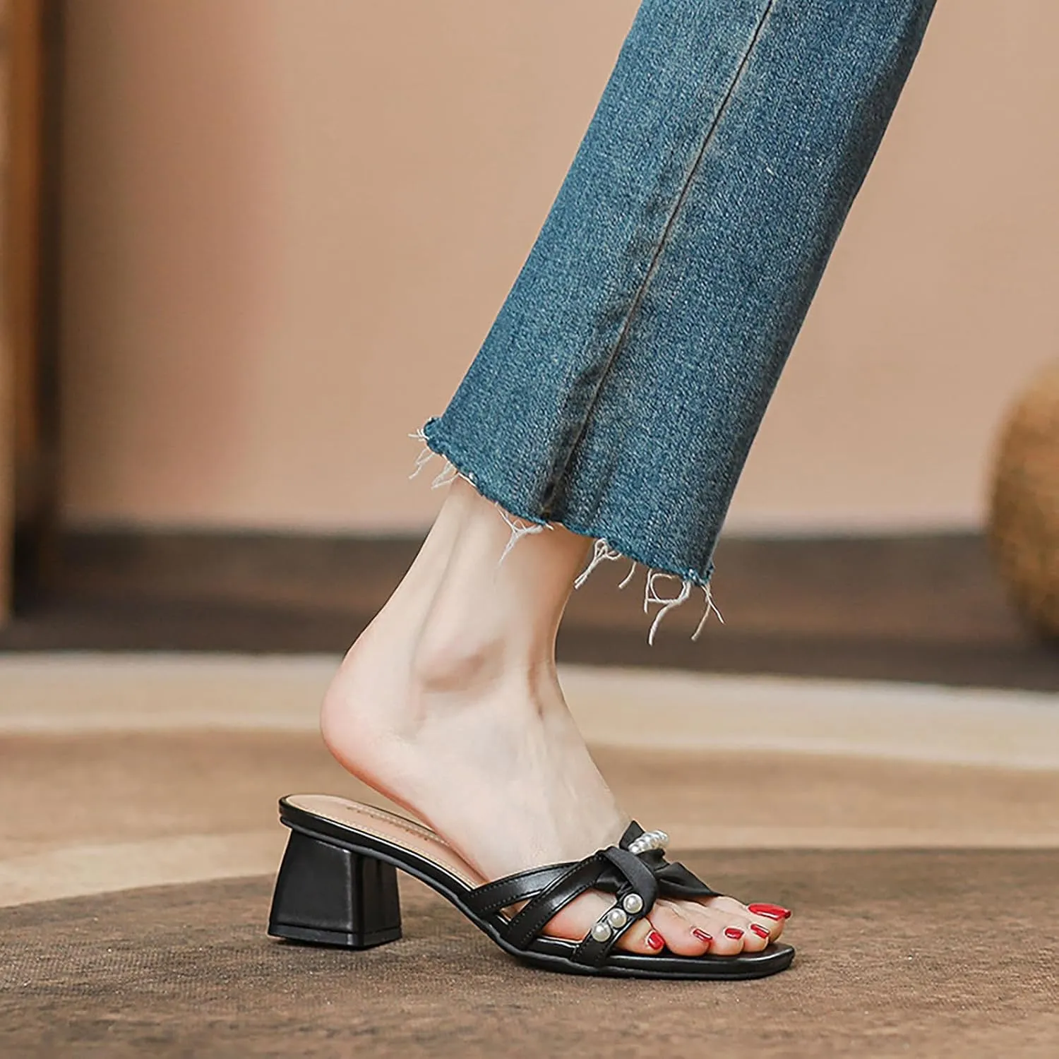 Women's Pearl Bow Square Open Toe Mid Chunky Heel Walking Slide Sandals Slip On Fashion Elegant Comfort Low Block Heel Mule Sandals Wedding Party DressHeel Backless Sandal Shoes