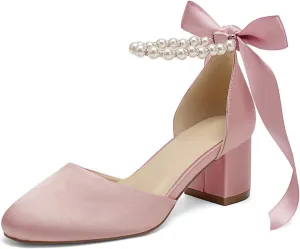 Women's Round Toe Satin Wedding Shoes Chunky Block Heels with Pearls Bridal Pumps Ankle Strap Prom Evening Party Shoes Sandal