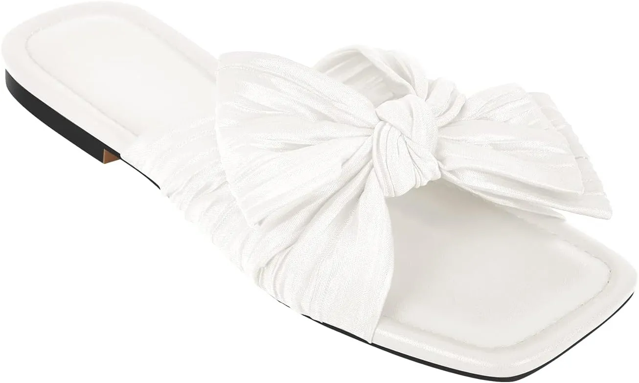 Womens Slip on Flat Sandals Square Open Toe Summer Pleated Bows Slides Dressy Sandals