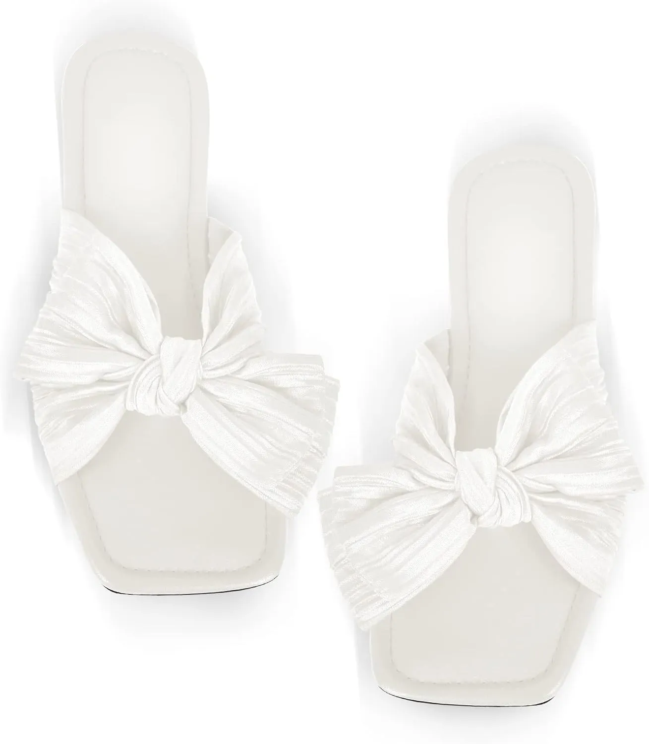 Womens Slip on Flat Sandals Square Open Toe Summer Pleated Bows Slides Dressy Sandals