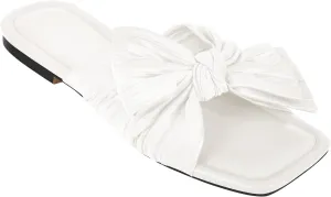 Womens Slip on Flat Sandals Square Open Toe Summer Pleated Bows Slides Dressy Sandals