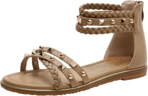 Women’s Studded Gladiator Sandals with Back Zipper Closure Braided Ankle Flat Strappy Sandals for Summer Beach