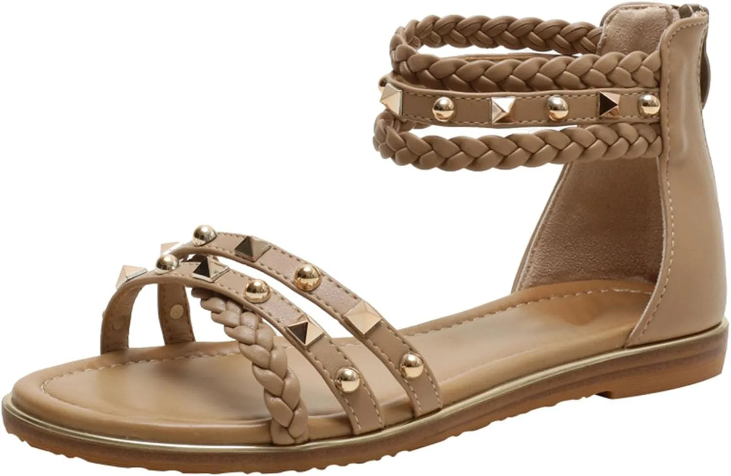 Women’s Studded Gladiator Sandals with Back Zipper Closure Braided Ankle Flat Strappy Sandals for Summer Beach