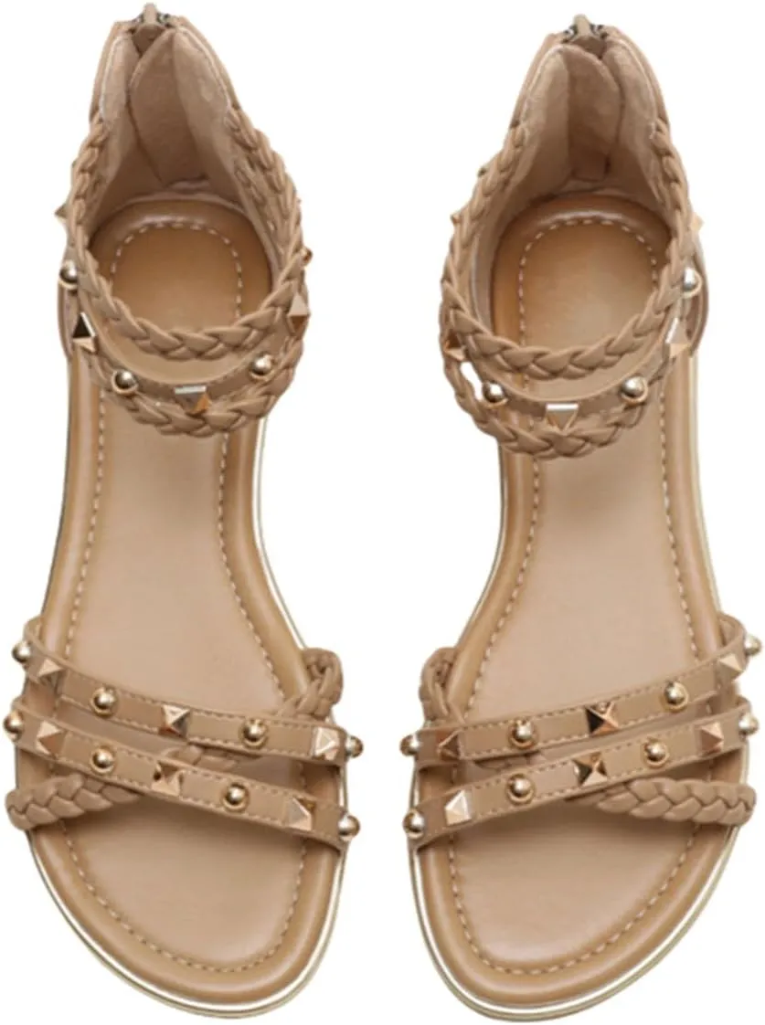 Women’s Studded Gladiator Sandals with Back Zipper Closure Braided Ankle Flat Strappy Sandals for Summer Beach